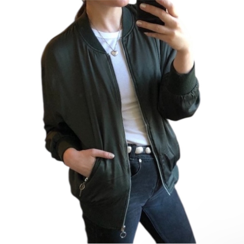 ZARA COLLECTION Green Silky Relaxed O-Ring Zipper Bomber Jacket Small |fits XS-M - Picture 13 of 16